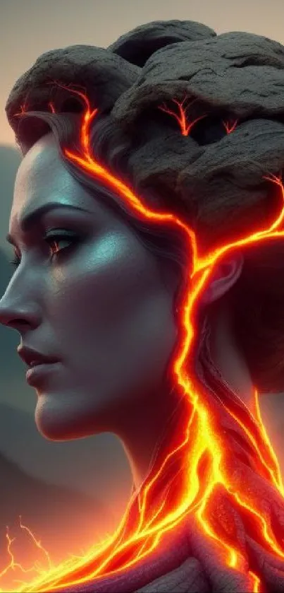 Artistic wallpaper of woman intertwined with glowing lava flows.