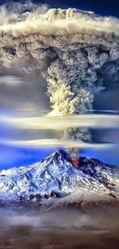 Dynamic mobile wallpaper of a volcano eruption with vibrant clouds and rugged terrain.