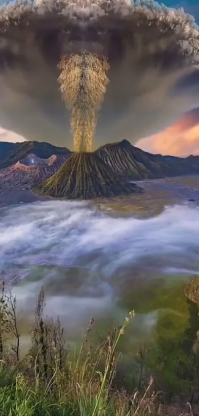 Dramatic volcano eruption with lush green foreground.