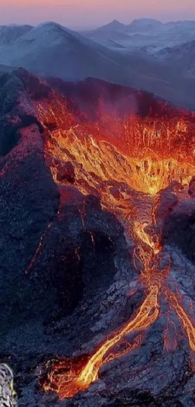 Fiery lava flowing from a volcanic eruption, surrounded by mountains.