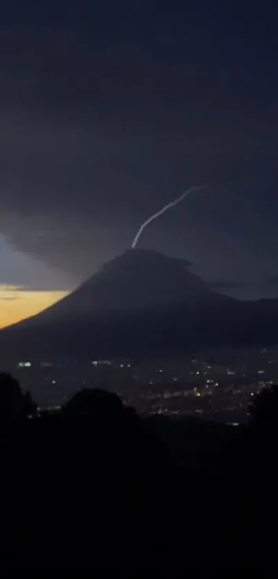 Volcanic night scene with lightning and a cityscape backdrop.