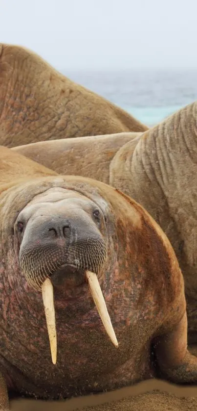 Two walruses lounging on a sandy beach by the ocean.