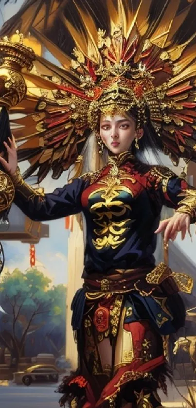 Majestic warrior in gold-red armor in a fantasy setting.