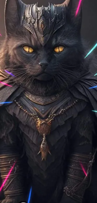 Fantasy cat warrior with armor, dark theme mobile wallpaper.