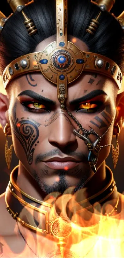 Detailed warrior with golden headpiece in vibrant wallpaper.