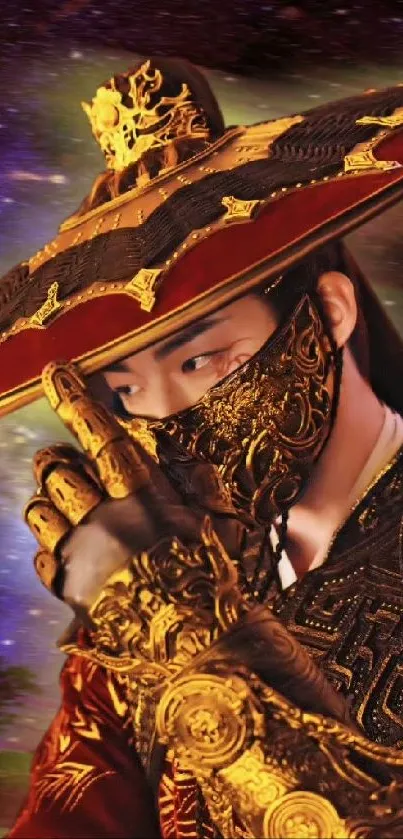 Ornate warrior in detailed armor with a galaxy backdrop.