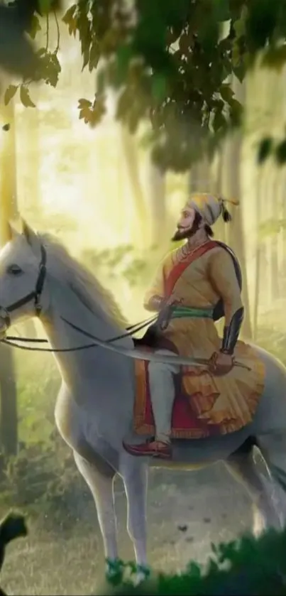 Historical warrior on horseback in a serene forest scene.