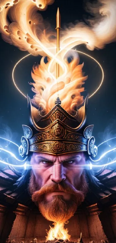 Majestic warrior king with fire and divine elements on mobile wallpaper.