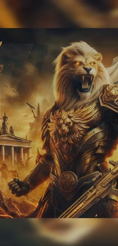 Majestic lion in golden armor with an epic fantasy backdrop.