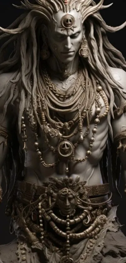 Majestic warrior figure with ornate jewelry and mythical elements in beige tones.