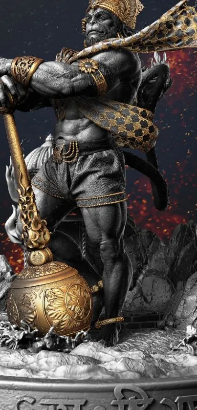 Majestic warrior statue wallpaper with golden accents.