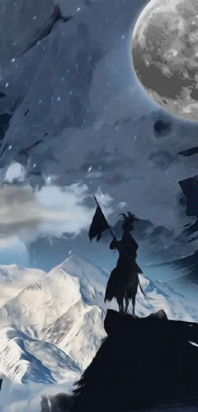 Silhouette of a warrior standing against a moonlit mountain backdrop.