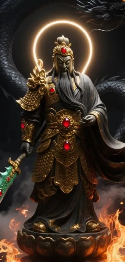 Warrior statue with dragon and flames.