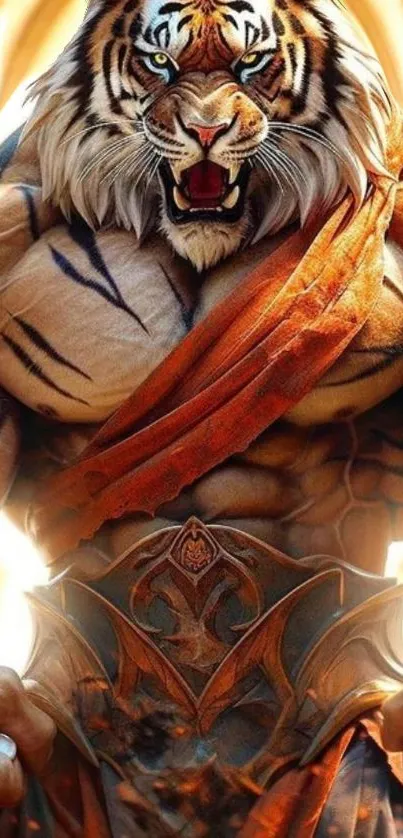 Majestic warrior tiger in vibrant orange hues.