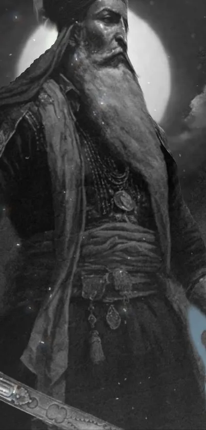 Warrior in traditional attire under a full moonlit sky, holding a sword.