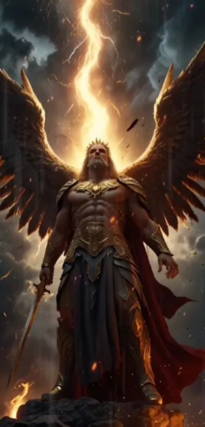 Winged warrior stands with lightning in dramatic fantasy scene.