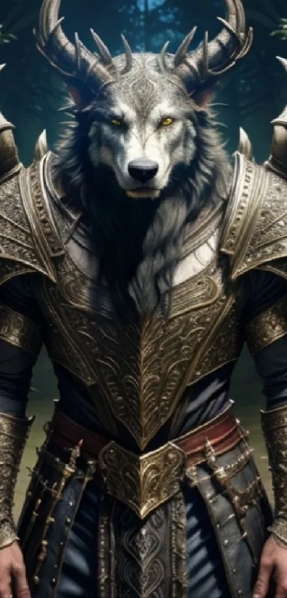 Warrior wolf in detailed armor amidst a dark, mysterious forest.