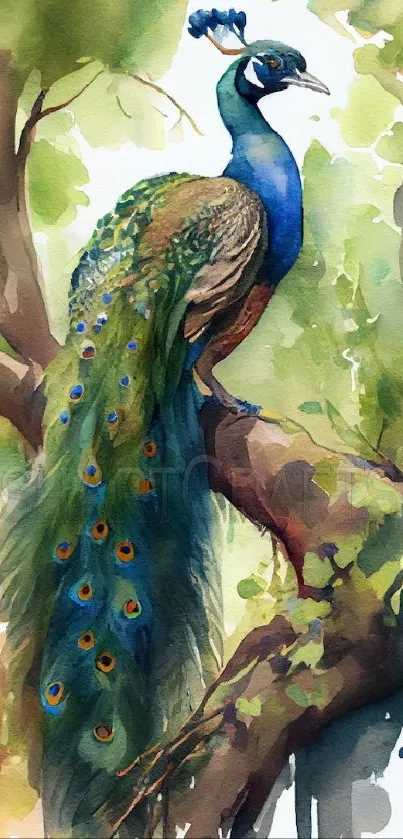 Watercolor painting of a majestic peacock perched on a leafy tree branch.