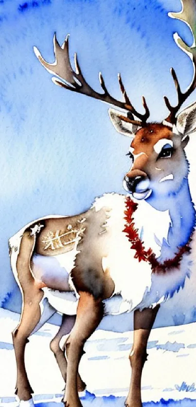 Watercolor painting of a reindeer in a blue winter scene with red accents.