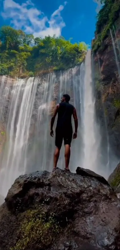 Adventurer standing before a majestic waterfall surrounded by lush greenery.