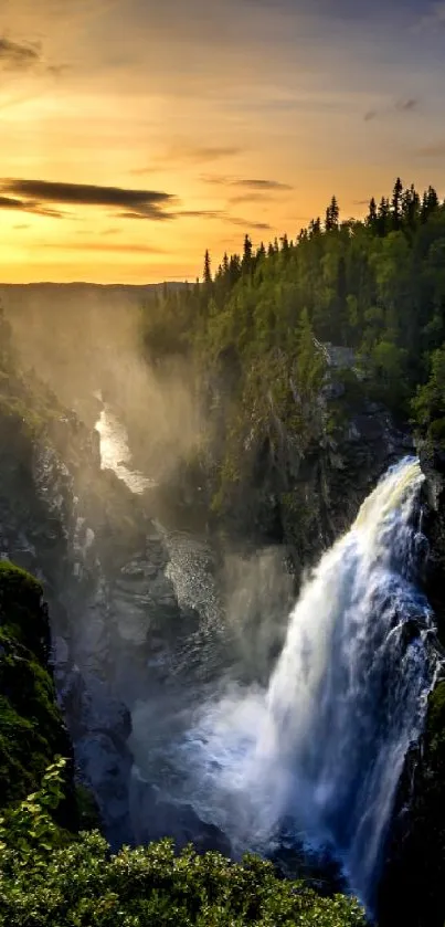 Waterfall cascading down a lush canyon at sunset with mist rising.