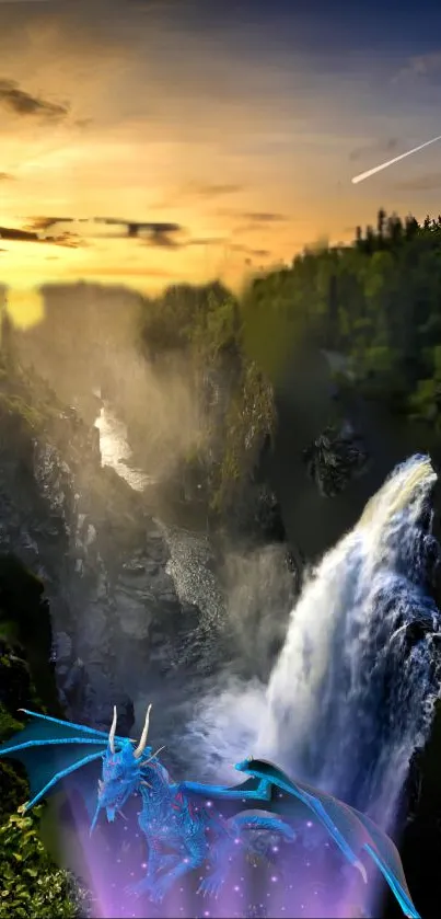 Waterfall cascading in a green forest landscape during golden sunset.