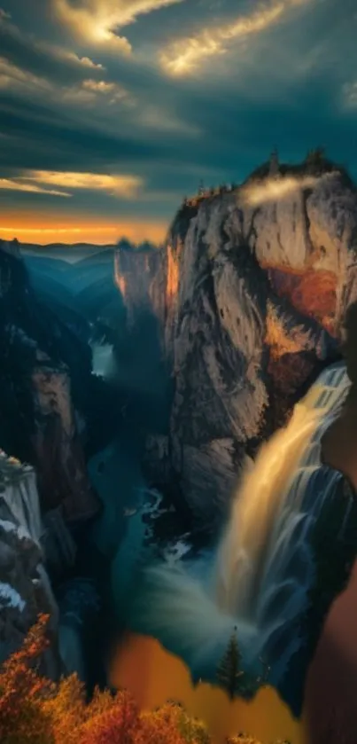 Majestic waterfall cascading down cliffs at sunset with vibrant, serene scenery.