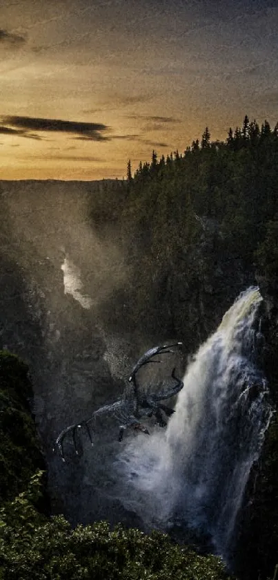 Majestic waterfall at sunset with a forested backdrop.