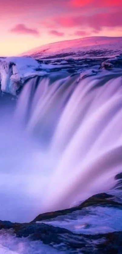 Majestic waterfall cascading at sunset with vibrant purple sky.