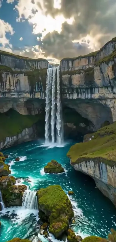 Majestic canyon waterfall under cloudy sky.