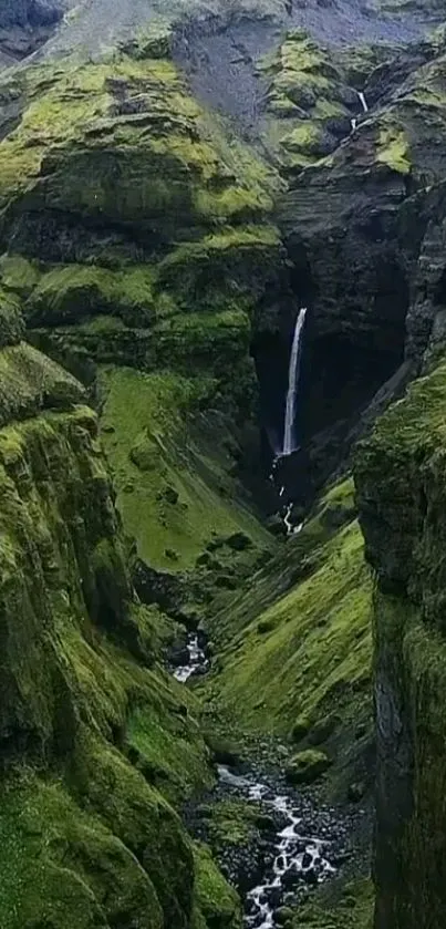 Lush green canyon with a waterfall cascading down the rocks.