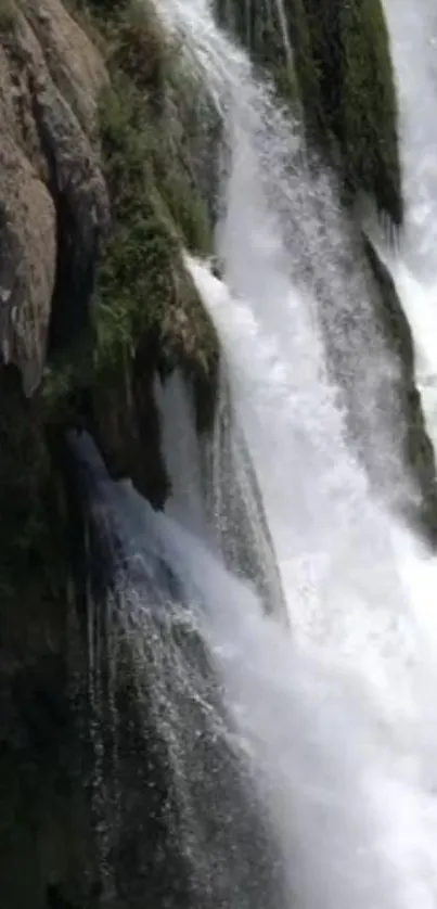 Cascading waterfall amidst lush greenery.