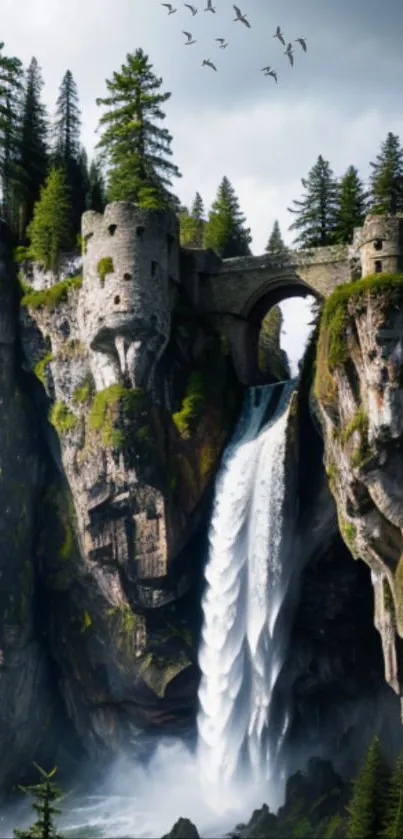 Castle perched above a cascading waterfall amidst lush greenery.