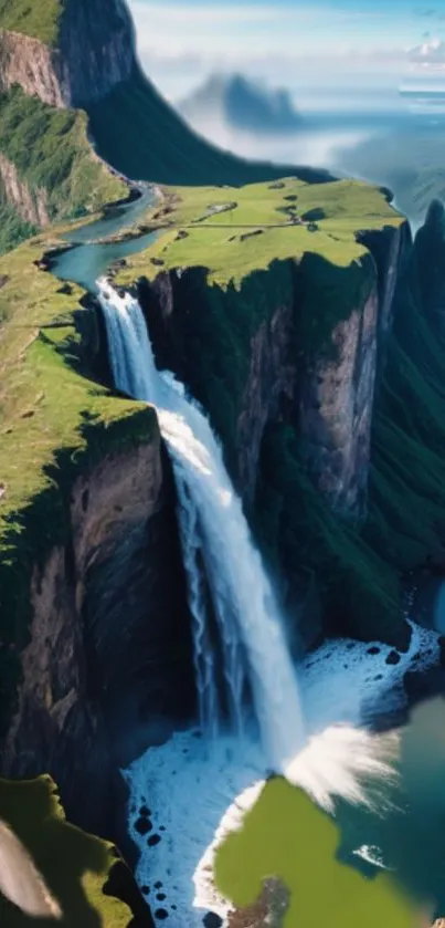 Breathtaking view of lush green cliff with cascading waterfall.