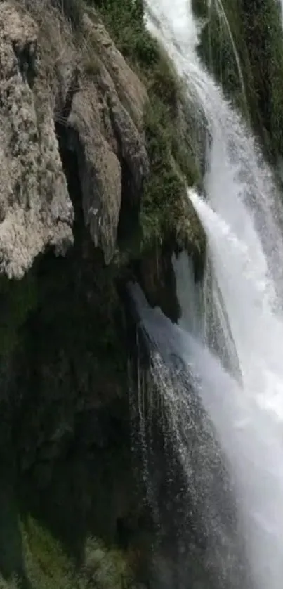 Majestic waterfall cascading over cliffs in a serene nature setting.