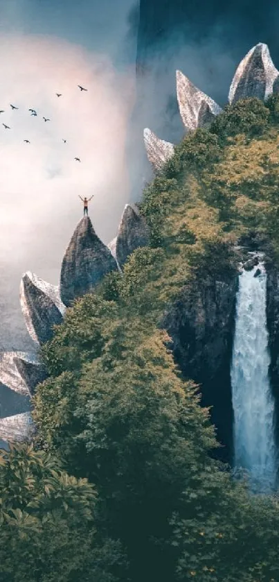 Fantasy wallpaper with mountain, waterfall, and misty atmosphere.