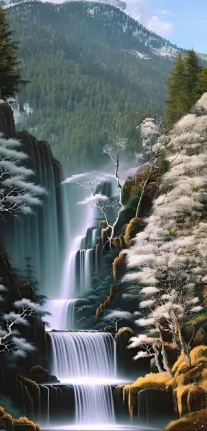 Majestic forest waterfall with lush greens and snowy trees.