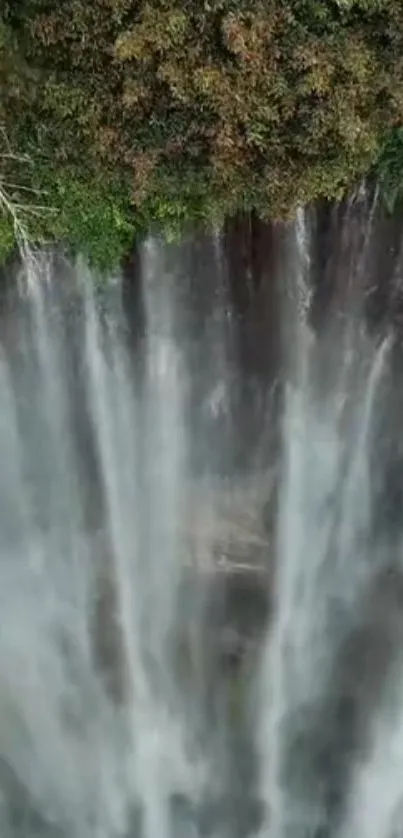 Majestic waterfall cascading over lush green forest scenery.