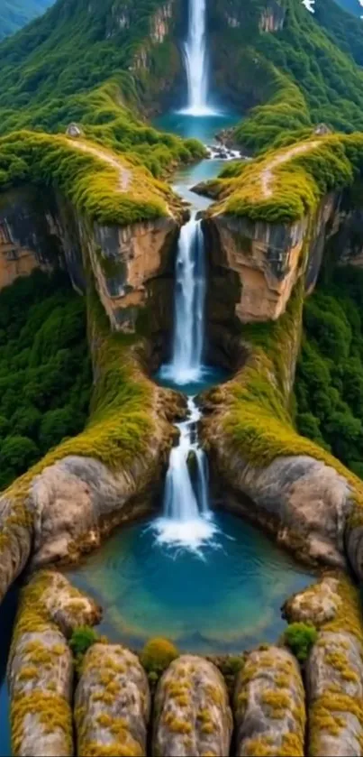 Surreal landscape with waterfalls shaped like hands.