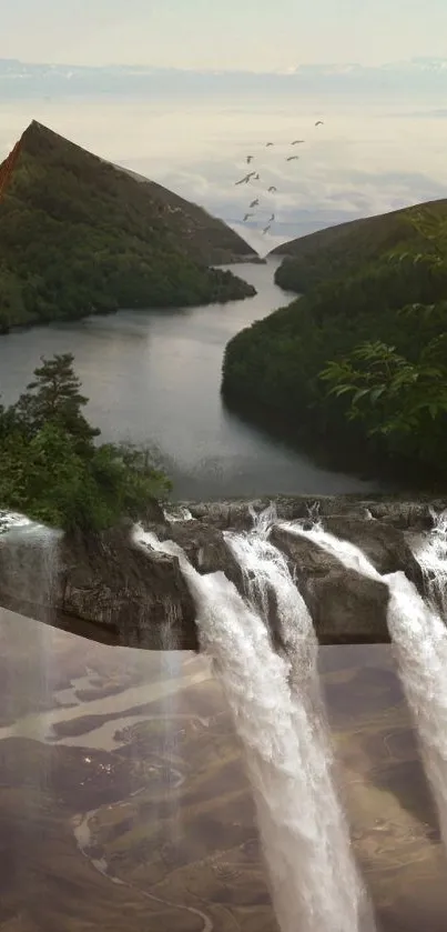 Surreal waterfall illusion with lush greenery and stunning scenery.