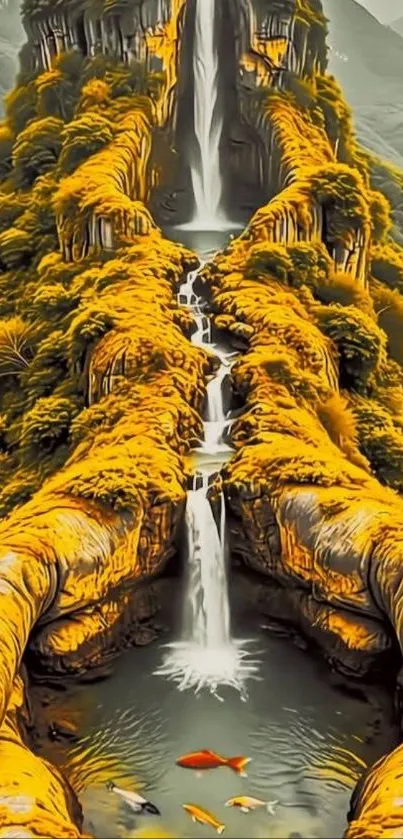 Majestic waterfall with autumn foliage in a serene landscape.