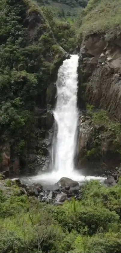 Majestic waterfall in lush green jungle landscape.