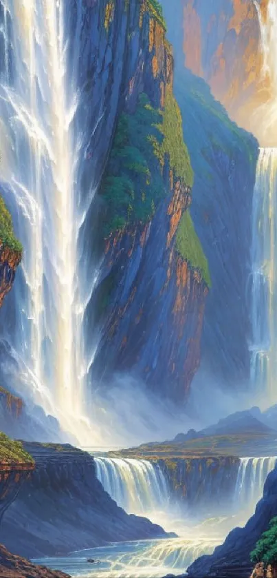 Majestic waterfall with lush cliffs and greenery in a serene landscape.