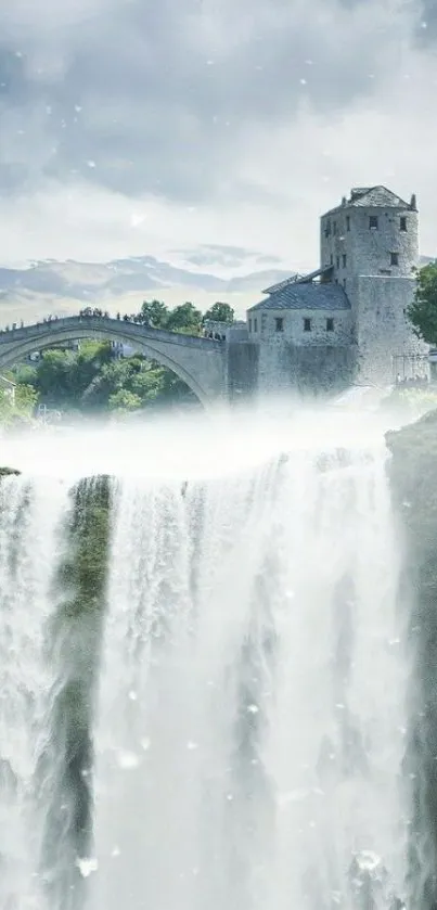 Waterfall flows under historic stone bridge with ancient building.