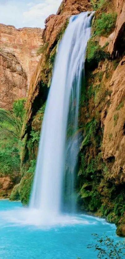 Majestic waterfall cascading into a blue pool.