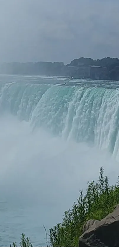 Breathtaking view of Niagara Falls with cascading water and lush surroundings.