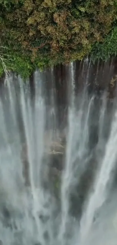 Majestic waterfall cascading with lush greenery background.