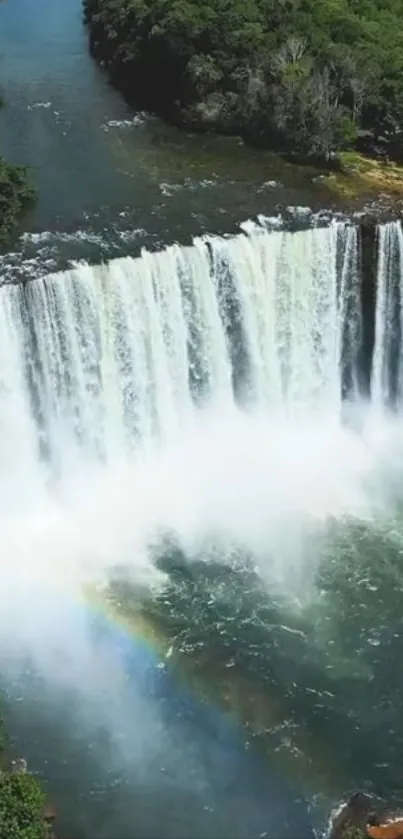 Majestic waterfall with lush greenery and serene river view.