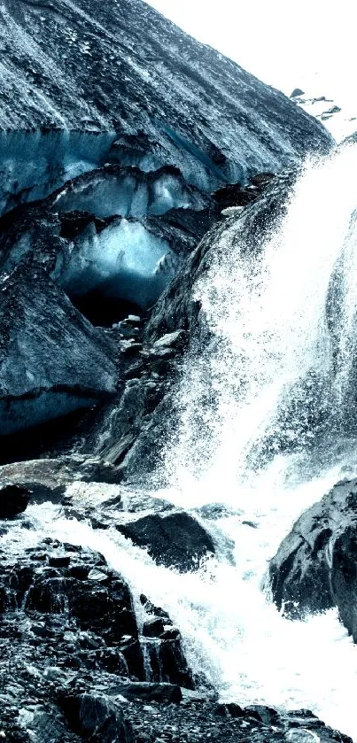 Majestic waterfall cascading over rocks with a dark scenic backdrop.