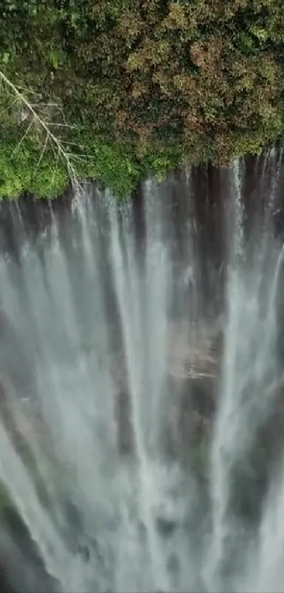 A breathtaking aerial view of a waterfall cascading amid vibrant greenery.